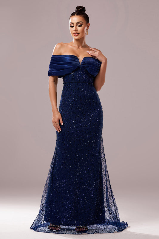Sparkly Navy Sequin Mermaid Long Ruched Prom Dress