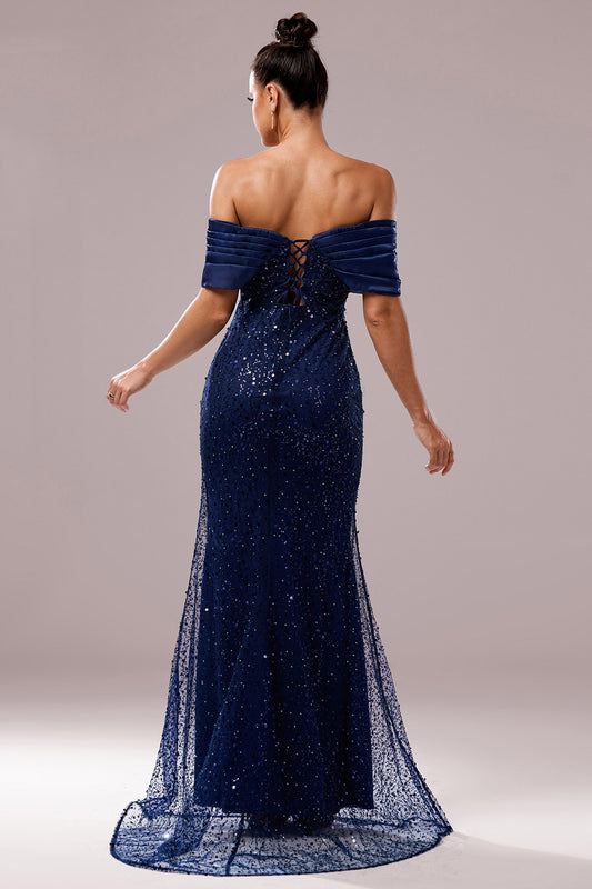 Sparkly Navy Sequin Mermaid Long Ruched Prom Dress