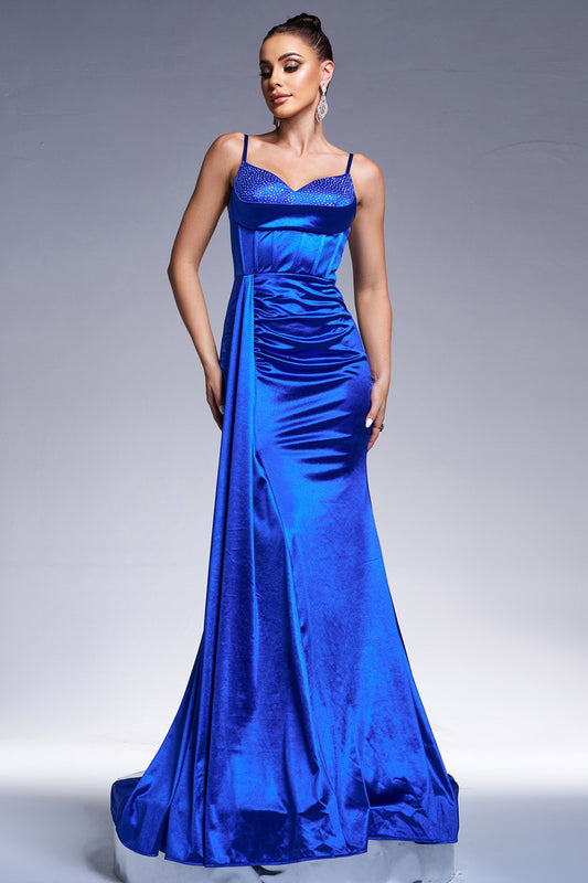 Royal Blue Mermaid Corset Satin Long Prom Dress with Beading