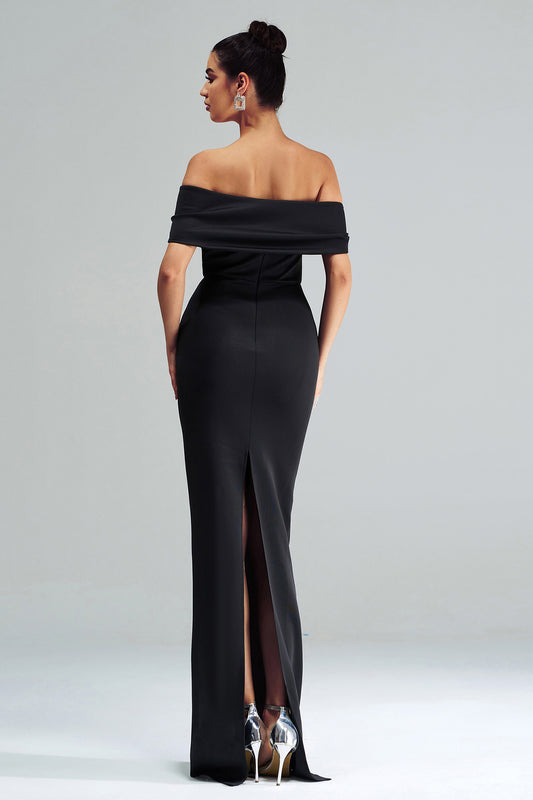 Black Mermaid Off the Shoulder Satin Long Prom Dress with Slit
