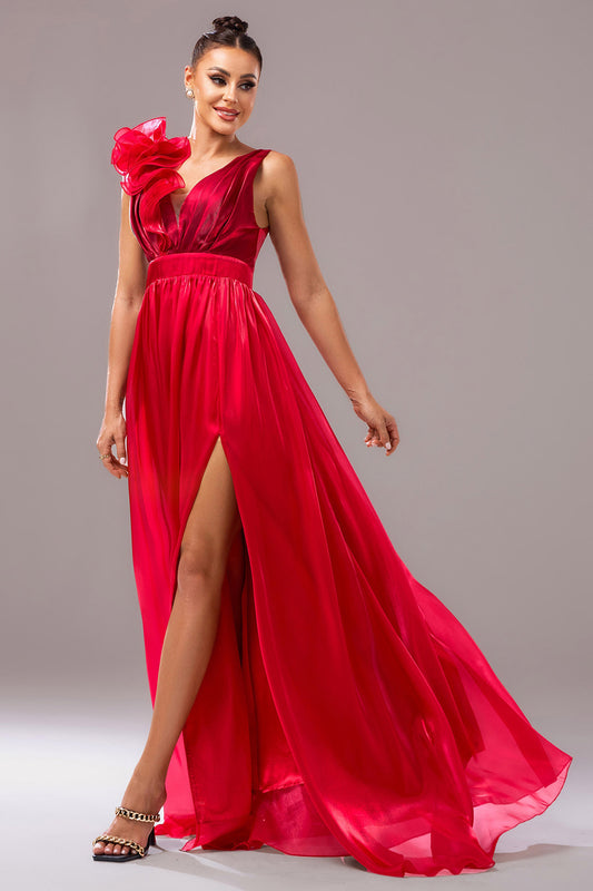 Red A Line V-Neck Organza Long Prom Dress with Slit