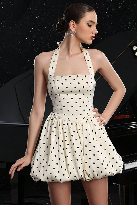 Black and White Polka Dots A Line Halter Short Vintage Homecoming Dress