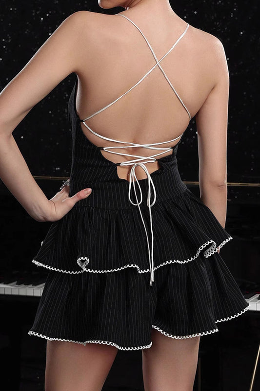 Black A Line Tiered Striped Short Homecoming Dress with Ruffles