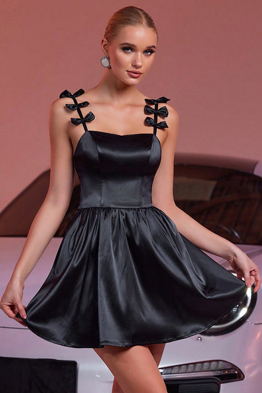 Black Satin A Line Short Homecoming Dress with Bows