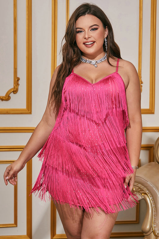 Sparkly Hot Pink Spaghetti Straps Short Plus Size Homecoming Dress with Fringes
