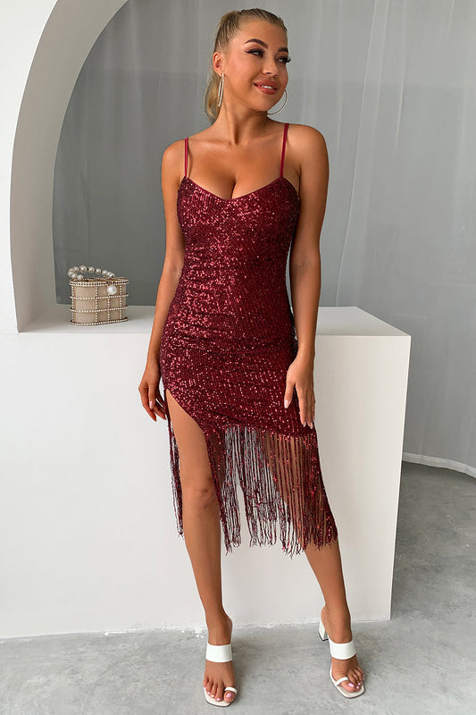 Sparkly Burgundy Sequins Short Homecoming Dress with Fringes