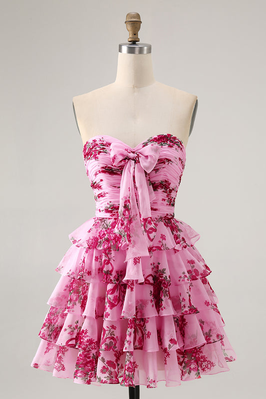 Pink Flower A Line Tiered Ruffled Short Homecoming Dress with Bow