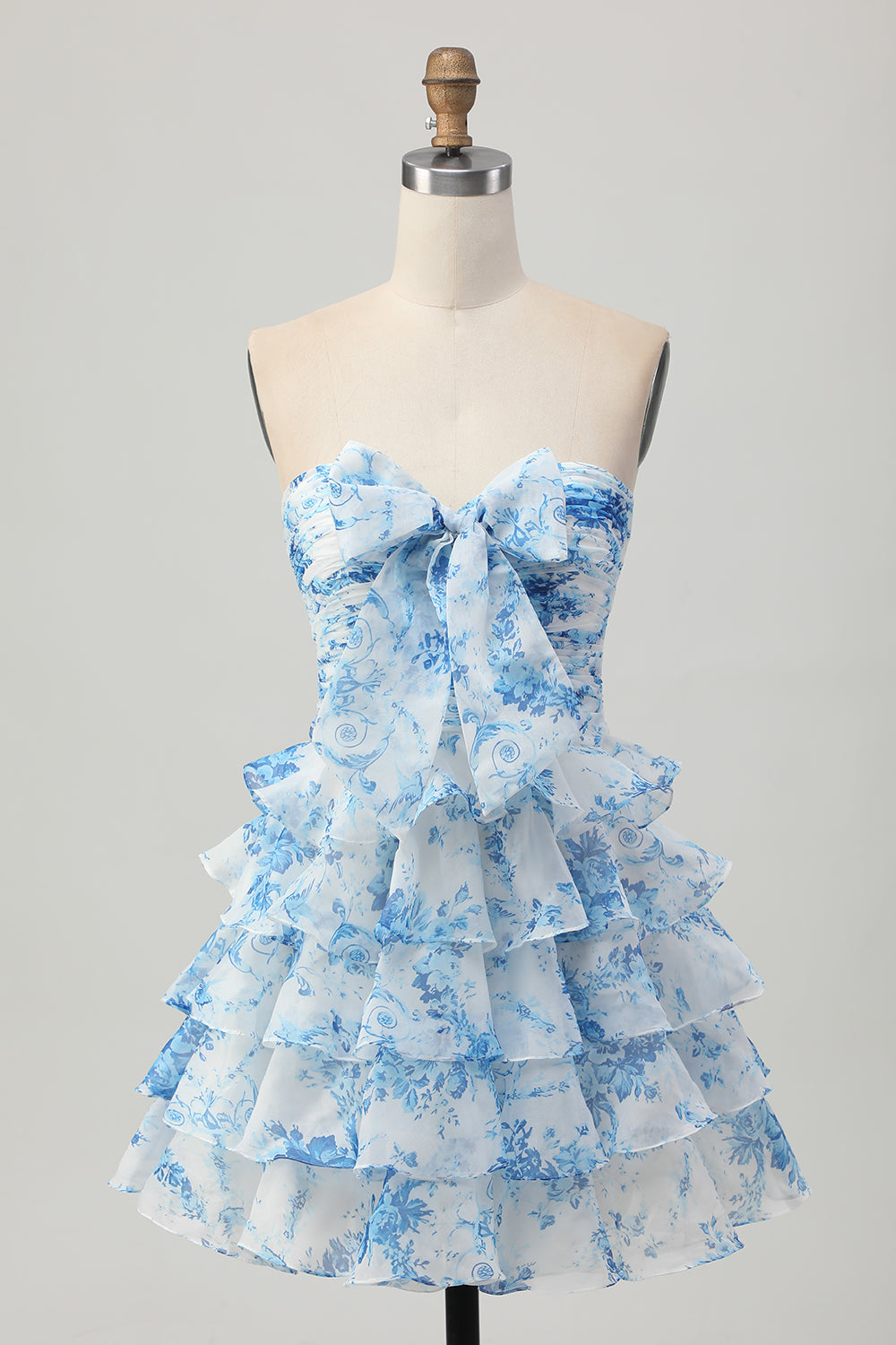 Zapakasa Women White and Blue Floral Short Homecoming Dress with Bow