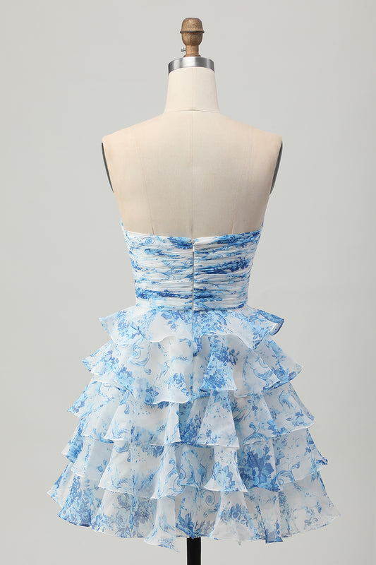 White and Blue Floral Ruffled Strapless Short Homecoming Dress with Bow