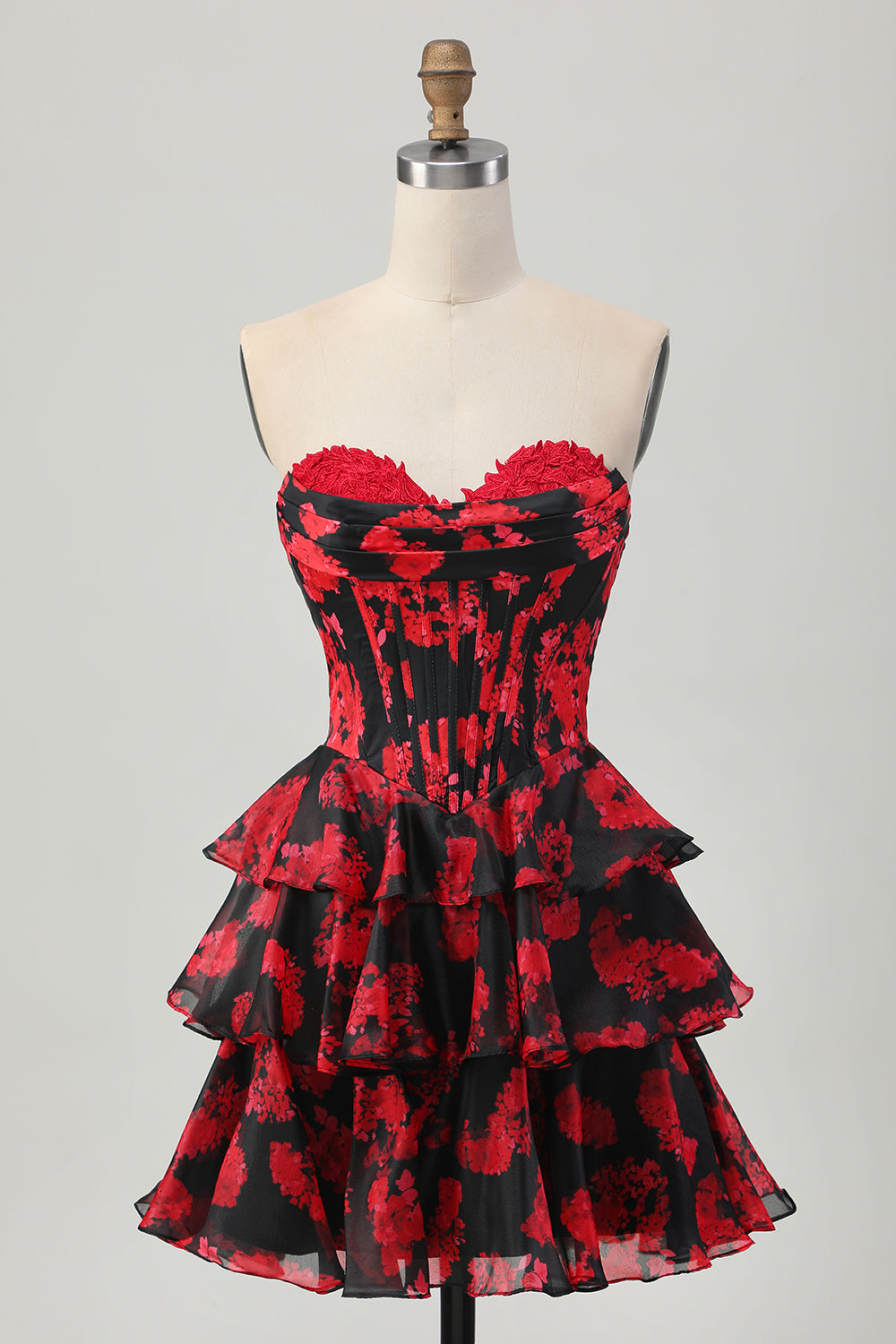 Zapakasa Women Black and Red Corset Floral Short Homecoming Dress with Ruffles Sweetheart A Line Tiered Ruched Cocktail Dress with Appliques Zapakasa Women Black and Red Corset Floral Short Homecoming Dress with Ruffles Sweetheart A Line Tiered Ruched Cocktail Dress with Appliques