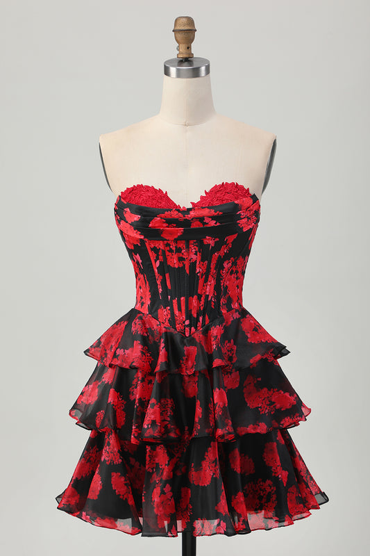 Black and Red Corset Sweetheart Floral Short Homecoming Dress with Ruffles