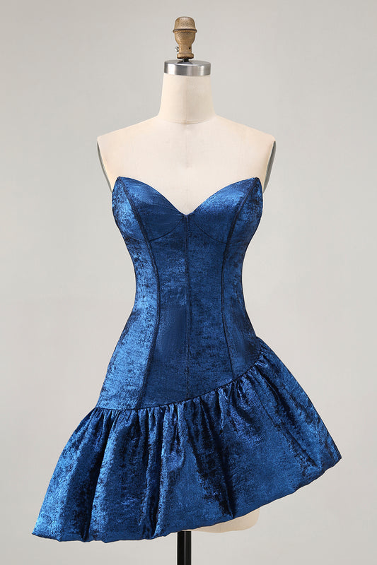 Dark Blue Strapless Metallic Corset Asymmetrical Homecoming Dress
