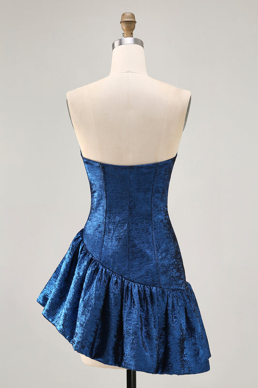 Dark Blue Strapless Metallic Corset Asymmetrical Homecoming Dress