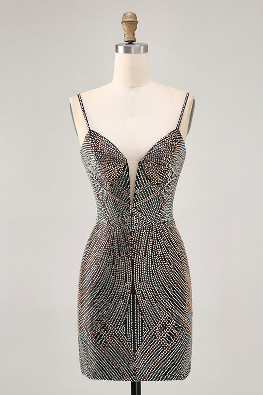 Sparkly Black Tight Backless Short Homecoming Dress with Beading