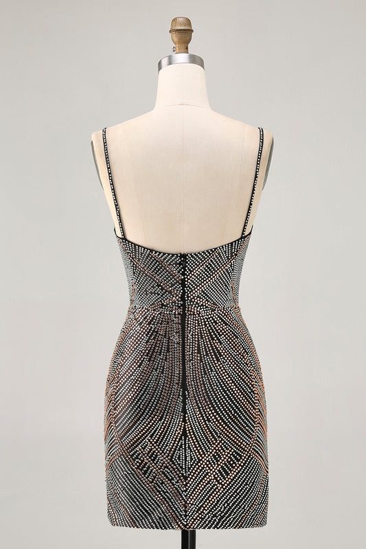 Sparkly Black Tight Backless Short Homecoming Dress with Beading