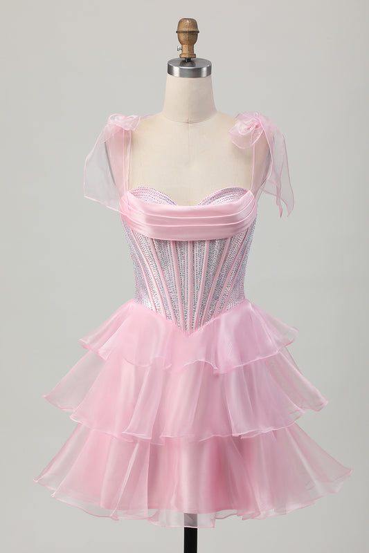Sparkly Pink Corset Short Homecoming Dress with Beading Ruched Tiered Organza A Line Cocktail Dress with Ruffles