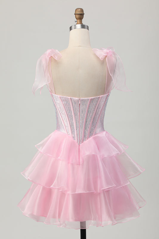 Sparkly Pink Corset Ruched Tiered Short Homecoming Dress with Beading