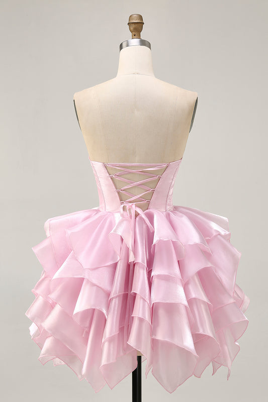 Pink A Line Corset Tiered Short Homecoming Dress with Ruffles