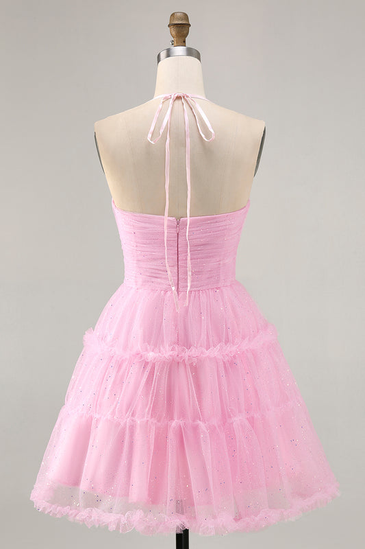 Glitter Pink Ruffled Short Homecoming Dress with Keyhole