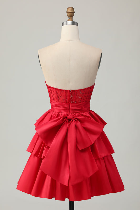 Sparkly Red Ruffled Corset Strapless Short Homecoming Dress with Bow