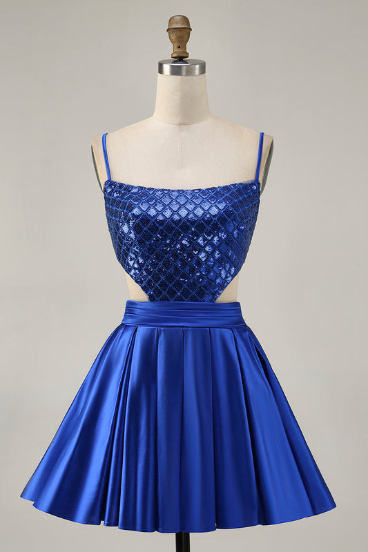 Sparkly Royal Blue A Line Short Homecoming Dress with Sequins