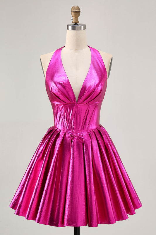Fuchsia Metallic Halter A Line Short Corset Homecoming Dress