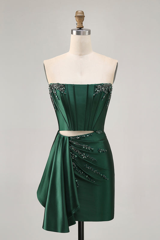 Sparkly Dark Green Tight Short Corset Homecoming Dress with Sash