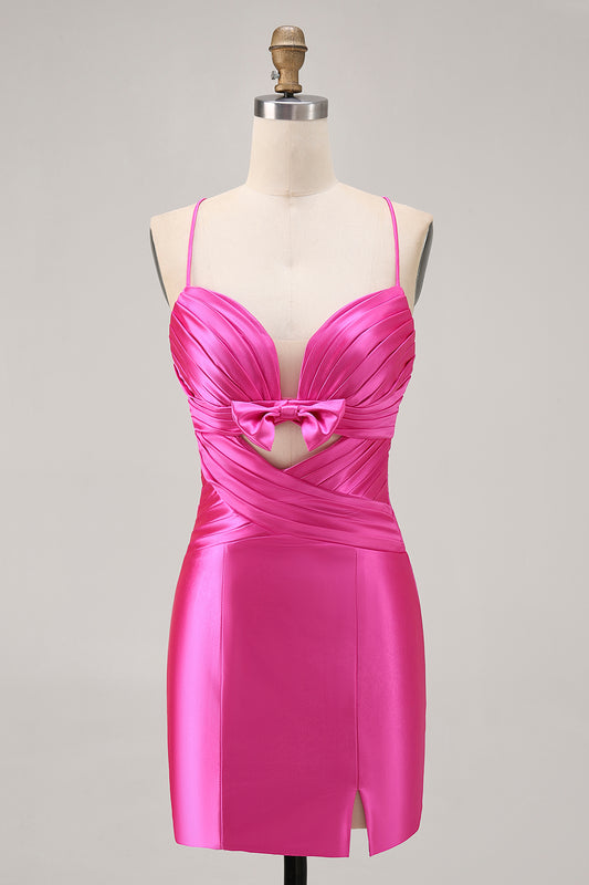Fuchsia Tight Satin Short Keyhole Homecoming Dress with Bow