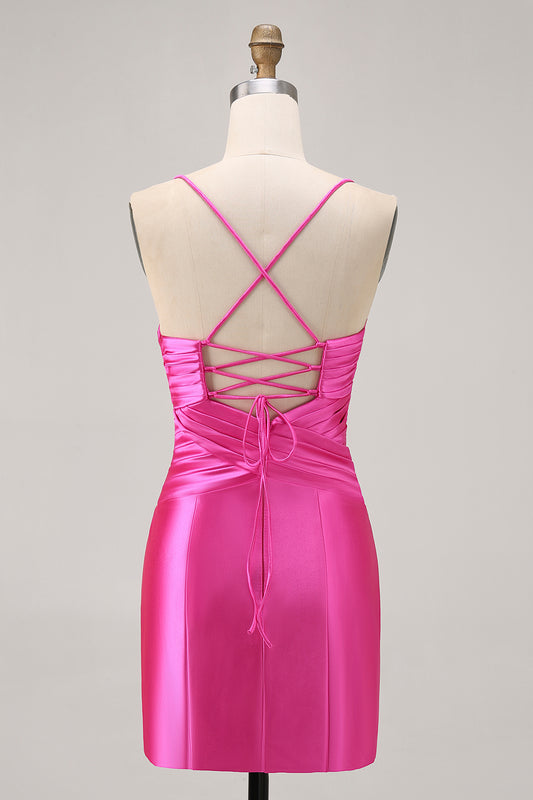 Fuchsia Tight Satin Short Keyhole Homecoming Dress with Bow