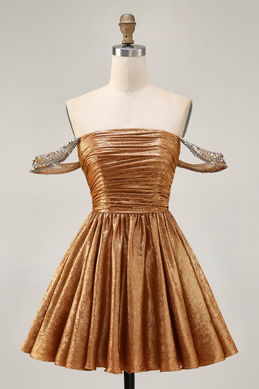 Sparkly Golden Metallic Off the Shoulder A Line Short Homecoming Dress