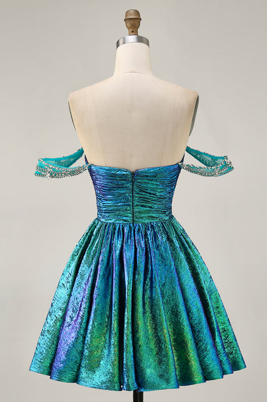 Sparkly Green Metallic A Line Off the Shoulder Short Homecoming Dress