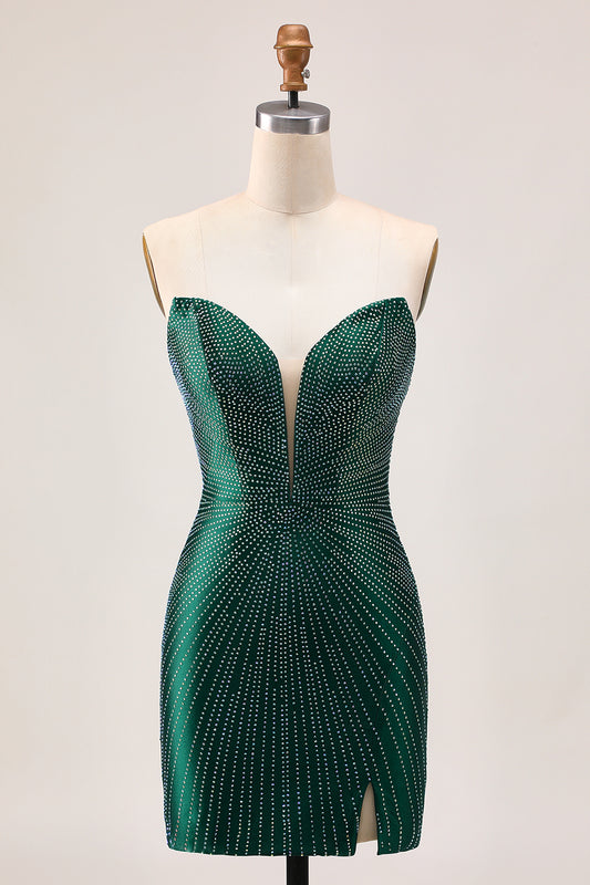 Sparkly Dark Green Tight Short Homecoming Dress with Beading Sweetheart Satin Cocktail Dress