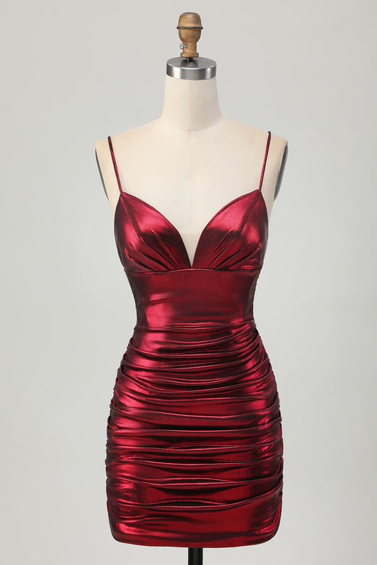 Burgundy Tight Ruched Spaghetti Straps Short Metallic Homecoming Dress