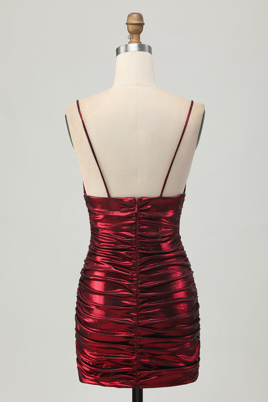 Burgundy Tight Ruched Spaghetti Straps Short Metallic Homecoming Dress