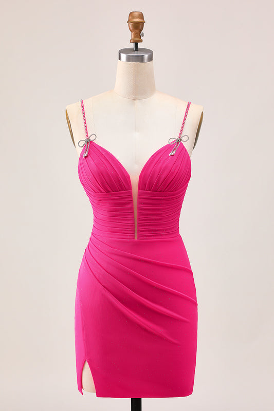 Sparkly Fuchsia Spaghetti Straps Tight Short Homecoming Dress with Beading