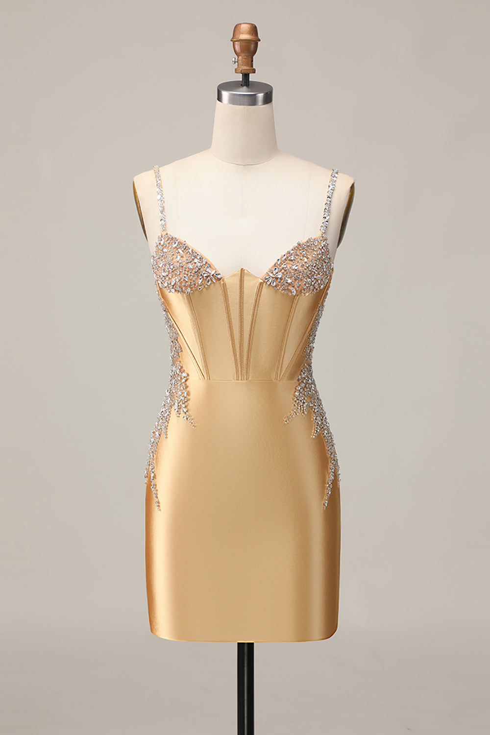 Zapakasa Women Sparkly Golden Corset Short Homecoming Dress with Beading Satin Tight Spaghetti Straps Cocktail Dress Zapakasa Women Sparkly Golden Corset Short Homecoming Dress with Beading Satin Tight Spaghetti Straps Cocktail Dress