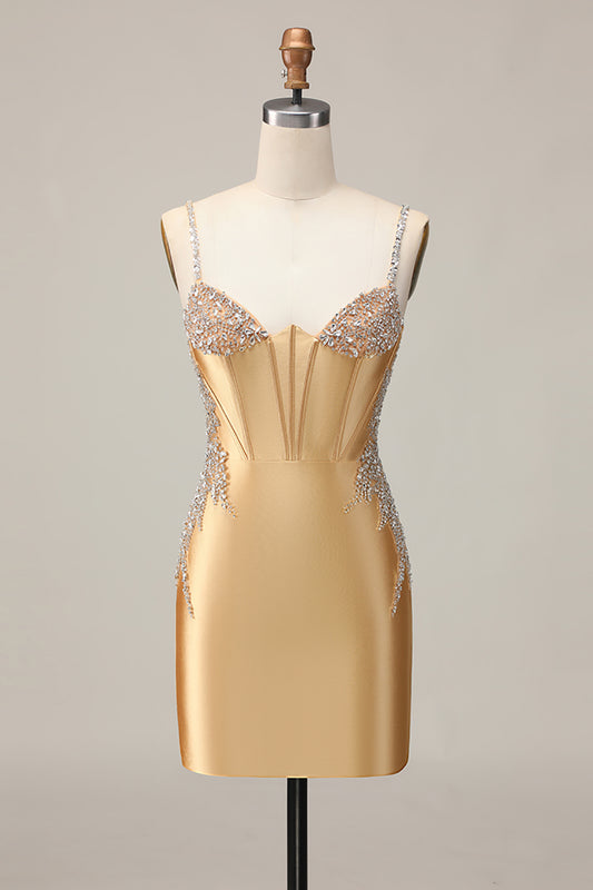 Sparkly Golden Corset Satin Short Tight Homecoming Dress with Beading