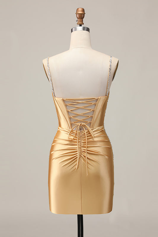 Sparkly Golden Corset Satin Short Tight Homecoming Dress with Beading