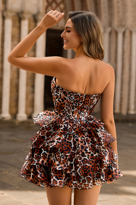 Khaki Leopard Corset Strapless Print Short Homecoming Dress with Ruffles