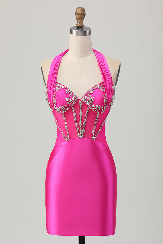 Sparkly Fuchsia Corset Tight Halter Short Homecoming Dress with Rhinestones