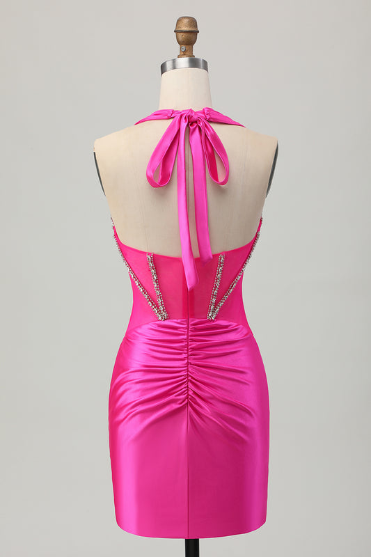 Sparkly Fuchsia Corset Tight Halter Short Homecoming Dress with Rhinestones