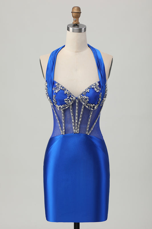 Sparkly Royal Blue Corset Halter Tight Short Homecoming Dress with Rhinestones