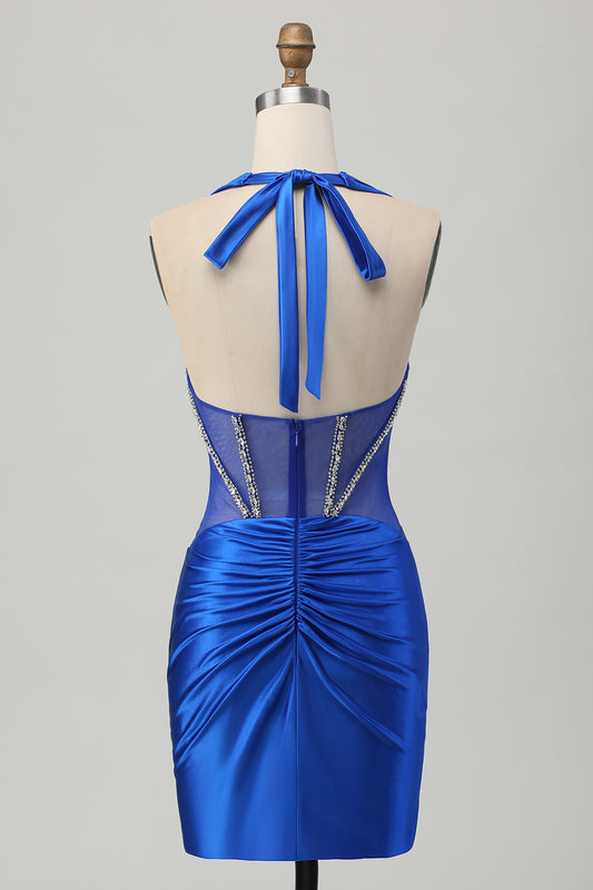 Sparkly Royal Blue Corset Halter Tight Short Homecoming Dress with Rhinestones