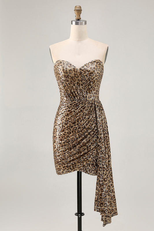 Sparkly Khaki Leopard Printed Sequin Tight Short Homecoming Dress