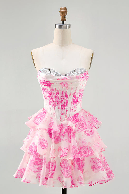 Sparkly Fuchsia Floral Sweetheart Short Corset Homecoming Dress with Sequins