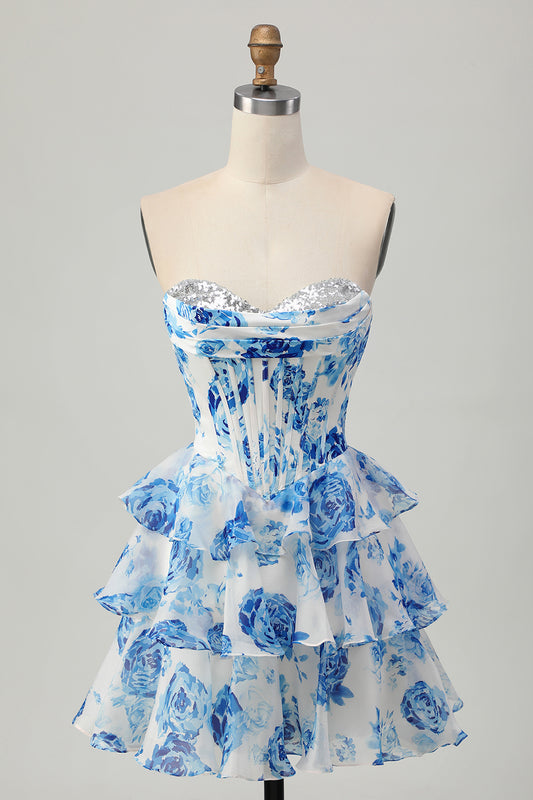 Sparkly White and Blue Floral Corset Sweetheart Short Homecoming Dress