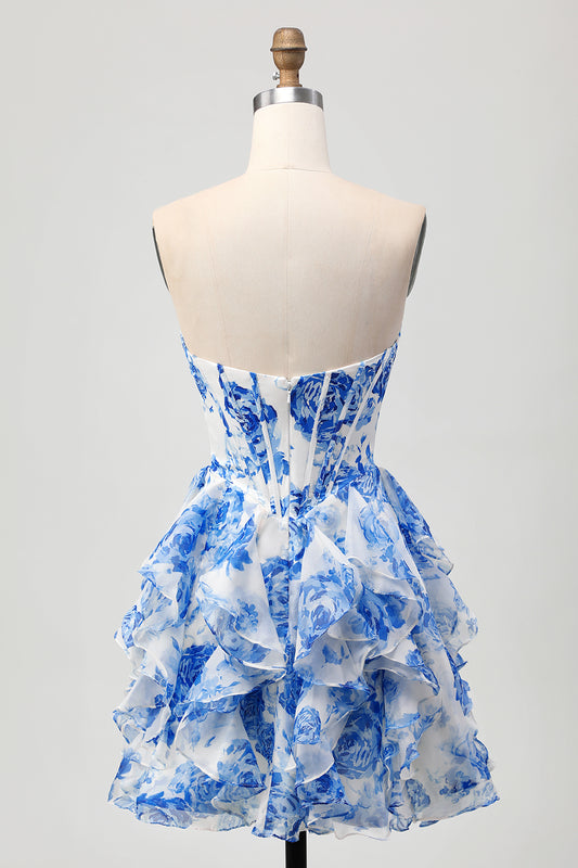 White and Blue Corset Floral Ruffled Short Homecoming Dress with Bow