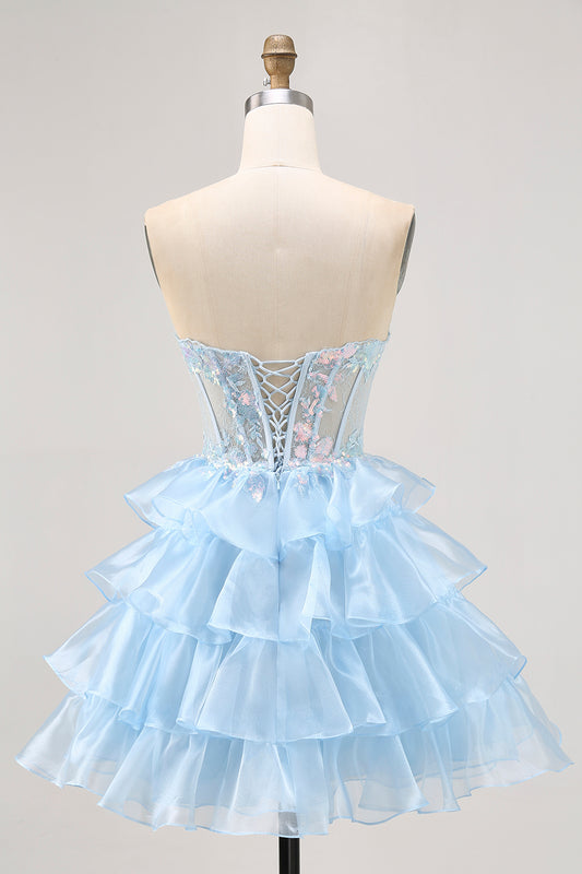 Sparkly Blue Sweetheart Ruffled Short Corset Homecoming Dress with Lace