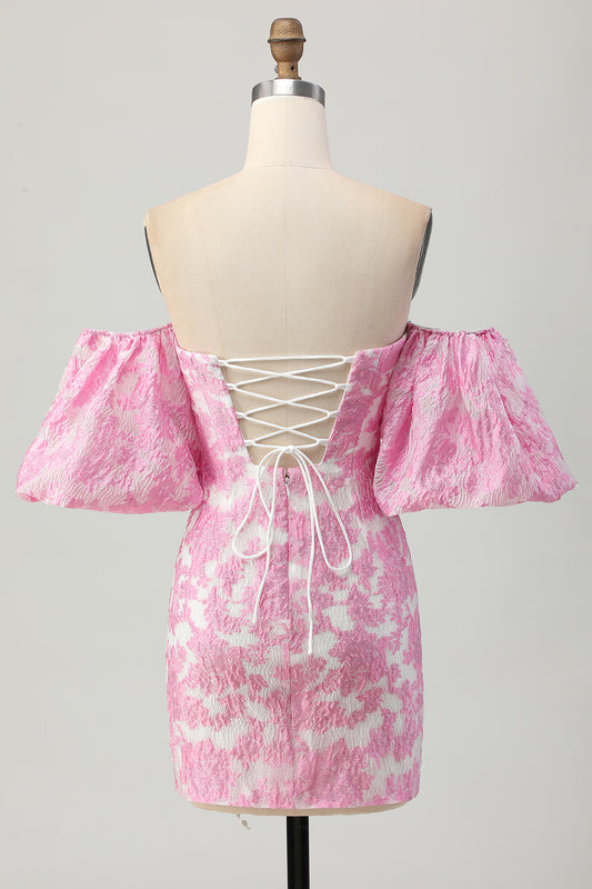 Pink Jacquard Floral Strapless Detachable Sleeves Tight Short Homecoming Dress
