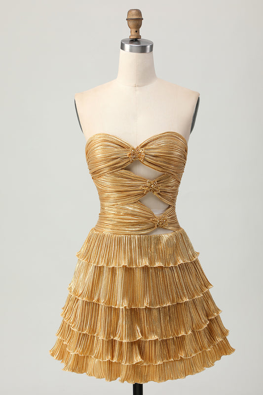 Zapaka Sparkly Golden Floral Short Metallic Homecoming Dress with Keyholes Sweetheart Cocktail Dress with Ruffles Tiered A Line Pleated Hoco Dress